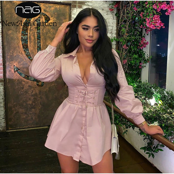 NewAsia Long Sleeve Shirt Dress With Corset Belt Casual Vintage Sexy Pink Party Dresses