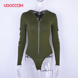 UGOCCAM Women Hoodie Bodysuit V-Cut Sexy Plain Skinny Long Sleeve Solid Bodysuits