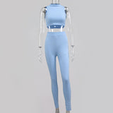 NewAsia Elastic Sporty 2 Piece Set Women Sleeveless Tracksuit O Neck Crop Tops And Long Tight Pants Outfits