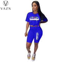 VAZN Sport Casual Elegant O-neck Short Sleeve Sexy High Waist Short 2 Piece Set