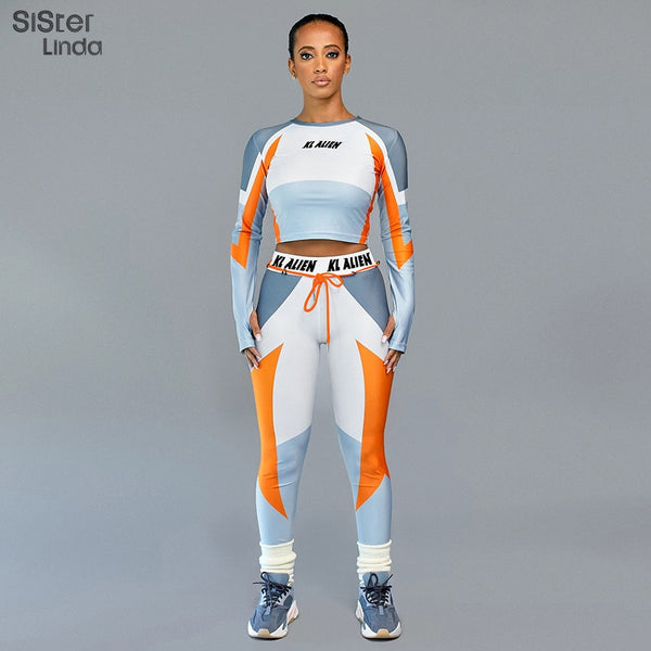 Sisterlinda Letter Print Skinny Fitness Tracksuit Set Elasticity Crop Tops + Leggings