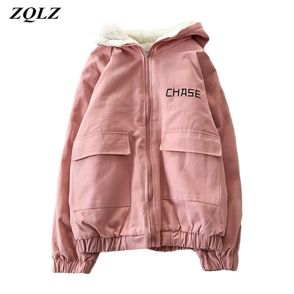 ZQLZ Hooded Bomber Basic  Women Thick Wool Liner Zip Up Coat