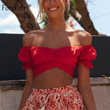 Forefair Off Shoulder Blouse Women Slash Neck Casual Slim Bow Tied Sexy Crop Tops