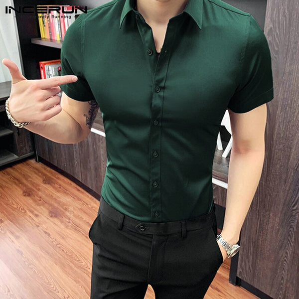 INCERUN Men Business Social Shirt Slim Short Sleeve Lapel Dress Shirts