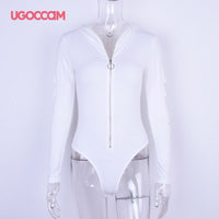 UGOCCAM Women Hoodie Bodysuit V-Cut Sexy Plain Skinny Long Sleeve Solid Bodysuits