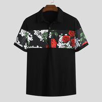 INCERUN Men Flower Print Patchwork Slim Casual Tops Short Sleeve Turn-down Collar Camisa