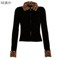 KLALIEN zipper Mosaic leopard coat black turndown collar Long Sleeve high quality Outerwear