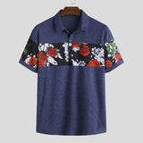 INCERUN Men Flower Print Patchwork Slim Casual Tops Short Sleeve Turn-down Collar Camisa