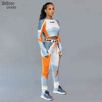 Sisterlinda Letter Print Skinny Fitness Tracksuit Set Elasticity Crop Tops + Leggings