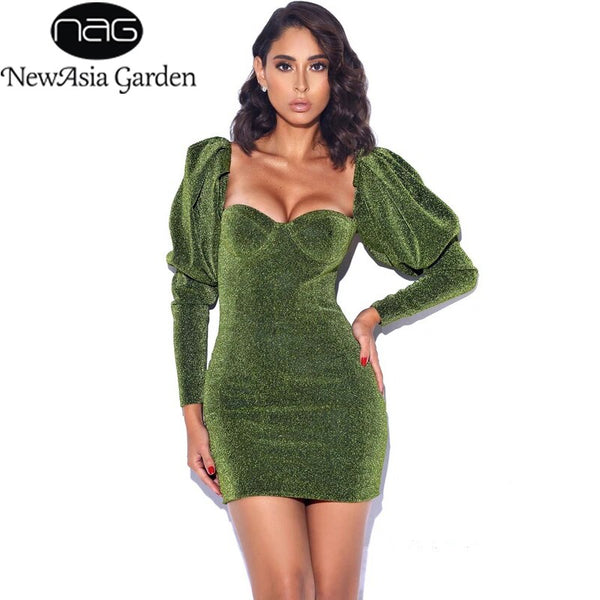 NewAsia Long Sleeve Sequin Dress Women Square Collar Dress Elegant Mini Backless