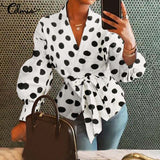 Celmia V-neck Point Dot Female Shirts Casual Loose Belted Lantern Sleeve Tunic