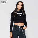 KLALIEN Long Sleeve O-Neck plaid Letter Printed Women's Gothic T-Shirt