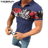 INCERUN Men Flower Print Patchwork Slim Casual Tops Short Sleeve Turn-down Collar Camisa