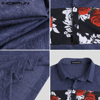 INCERUN Men Flower Print Patchwork Slim Casual Tops Short Sleeve Turn-down Collar Camisa