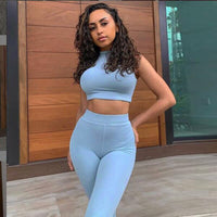 NewAsia Elastic Sporty 2 Piece Set Women Sleeveless Tracksuit O Neck Crop Tops And Long Tight Pants Outfits