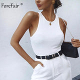 Forefair Ribbed Tank Tops Sexy Crop Solid Off Shoulder Knitted Women Tops