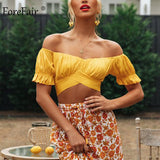 Forefair Off Shoulder Blouse Women Slash Neck Casual Slim Bow Tied Sexy Crop Tops