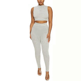 NewAsia Elastic Sporty 2 Piece Set Women Sleeveless Tracksuit O Neck Crop Tops And Long Tight Pants Outfits