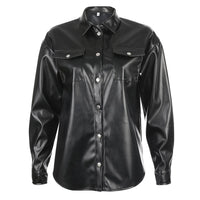 Darlingaga Black Leather Blouse Women Cardigan Buttons Shirt Long Sleeve