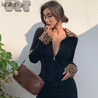 KLALIEN zipper Mosaic leopard coat black turndown collar Long Sleeve high quality Outerwear