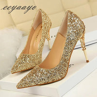 High Thin Heels Pointed Toe Sexy Bling Bridal Wedding Gold High Heels