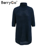 BerryGo Half sleeve turtleneck knitted pullover women Soft sweater jumper High split