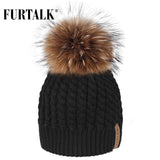 FURTALK Real Raccoon Fur Beanie Winter Knitted Pompom Hat