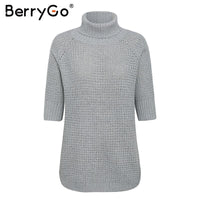 BerryGo Half sleeve turtleneck knitted pullover women Soft sweater jumper High split