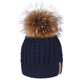 FURTALK Real Raccoon Fur Beanie Winter Knitted Pompom Hat