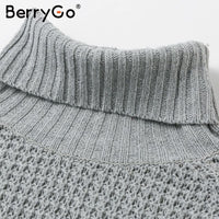 BerryGo Half sleeve turtleneck knitted pullover women Soft sweater jumper High split