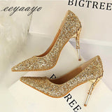 High Thin Heels Pointed Toe Sexy Bling Bridal Wedding Gold High Heels