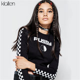 KLALIEN Long Sleeve O-Neck plaid Letter Printed Women's Gothic T-Shirt