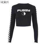 KLALIEN Long Sleeve O-Neck plaid Letter Printed Women's Gothic T-Shirt