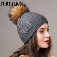 FURTALK Real Raccoon Fur Beanie Winter Knitted Pompom Hat