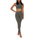 NewAsia Elastic Sporty 2 Piece Set Women Sleeveless Tracksuit O Neck Crop Tops And Long Tight Pants Outfits