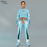 Sisterlinda Letter Print Skinny Fitness Tracksuit Set Elasticity Crop Tops + Leggings