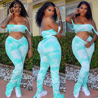 Sisterlinda Two Piece Set Women Suit Tie Dye Top Stacked Pants Tracksuit