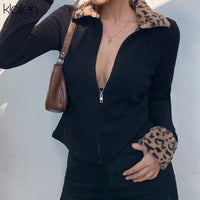 KLALIEN zipper Mosaic leopard coat black turndown collar Long Sleeve high quality Outerwear