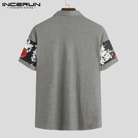 INCERUN Men Flower Print Patchwork Slim Casual Tops Short Sleeve Turn-down Collar Camisa