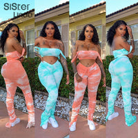 Sisterlinda Two Piece Set Women Suit Tie Dye Top Stacked Pants Tracksuit