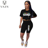 VAZN Sport Casual Elegant O-neck Short Sleeve Sexy High Waist Short 2 Piece Set