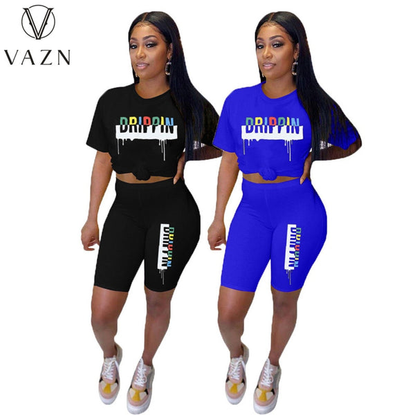 VAZN Sport Casual Elegant O-neck Short Sleeve Sexy High Waist Short 2 Piece Set