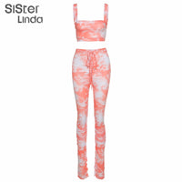 Sisterlinda Two Piece Set Women Suit Tie Dye Top Stacked Pants Tracksuit