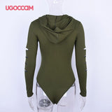 UGOCCAM Women Hoodie Bodysuit V-Cut Sexy Plain Skinny Long Sleeve Solid Bodysuits