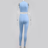 NewAsia Elastic Sporty 2 Piece Set Women Sleeveless Tracksuit O Neck Crop Tops And Long Tight Pants Outfits