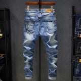 Men Slim Fit Light Blue Stretch Frayed Hip Distressed Casual Denim Jeans