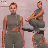 Sisterlinda Women Active Wear Fitness Tracksuit Irregular Stripe Tops  Sport Leggings