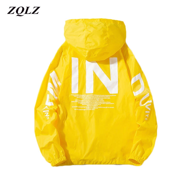 Zqlz Women Windbreaker Print Letter Hooded Jacket Basic