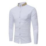 Shenrun Men Long Sleeve Stand Collar Wheatear Embroidery Shirt Wine