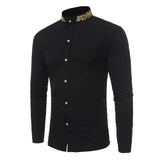 Shenrun Men Long Sleeve Stand Collar Wheatear Embroidery Shirt Wine